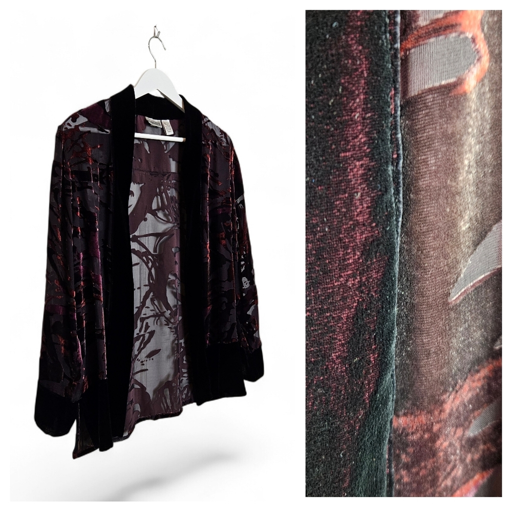 Chico’s Burnout Velvet Kimono Jacket Burgundy Boho Goth Artsy Open Front Size 0